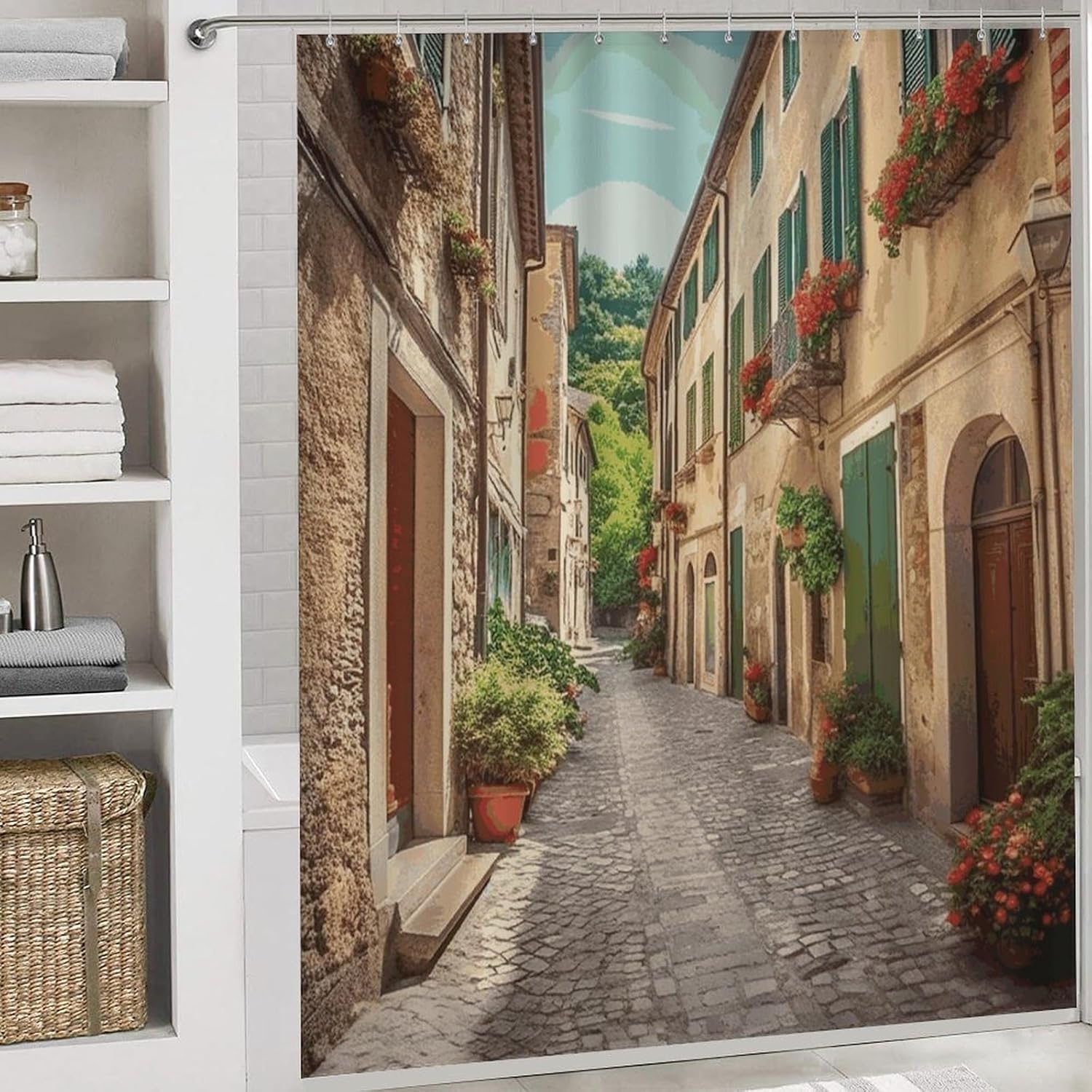Italy Street Shower Curtain Set 4 Piece, Non-Slip Bath Mat with Toilet Lid Cover and Waterproof Shower Curtain with 12 Hooks, Complete Bathroom Set for Home Decor