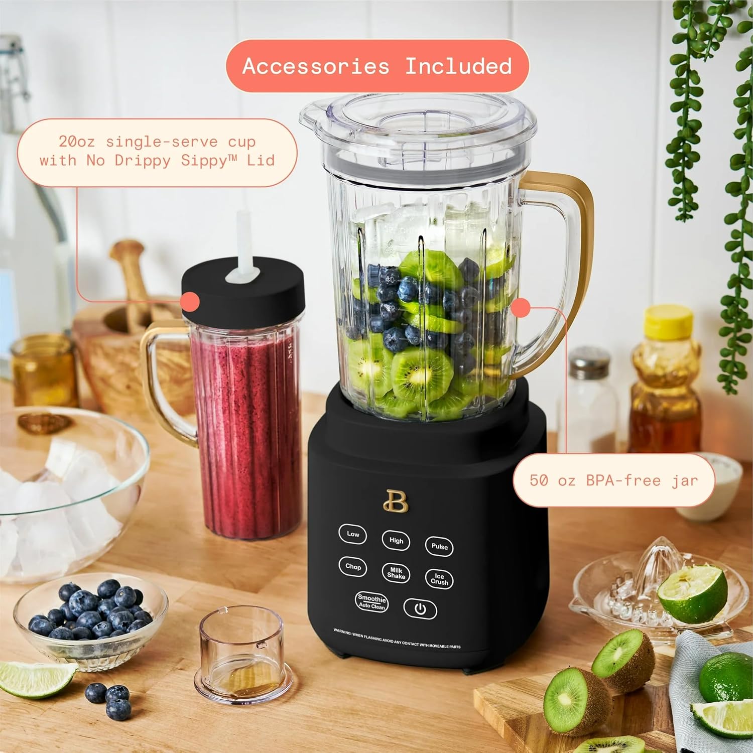 B PowerExact High-Performance 700-Watt Blender by Drew Barrymore, 50-Ounce Pitcher, Stainless 4-Tip Blade, 3 Speeds   4 Presets, Dishwasher-Safe Parts, Travel Cup Included (Black Sesame)