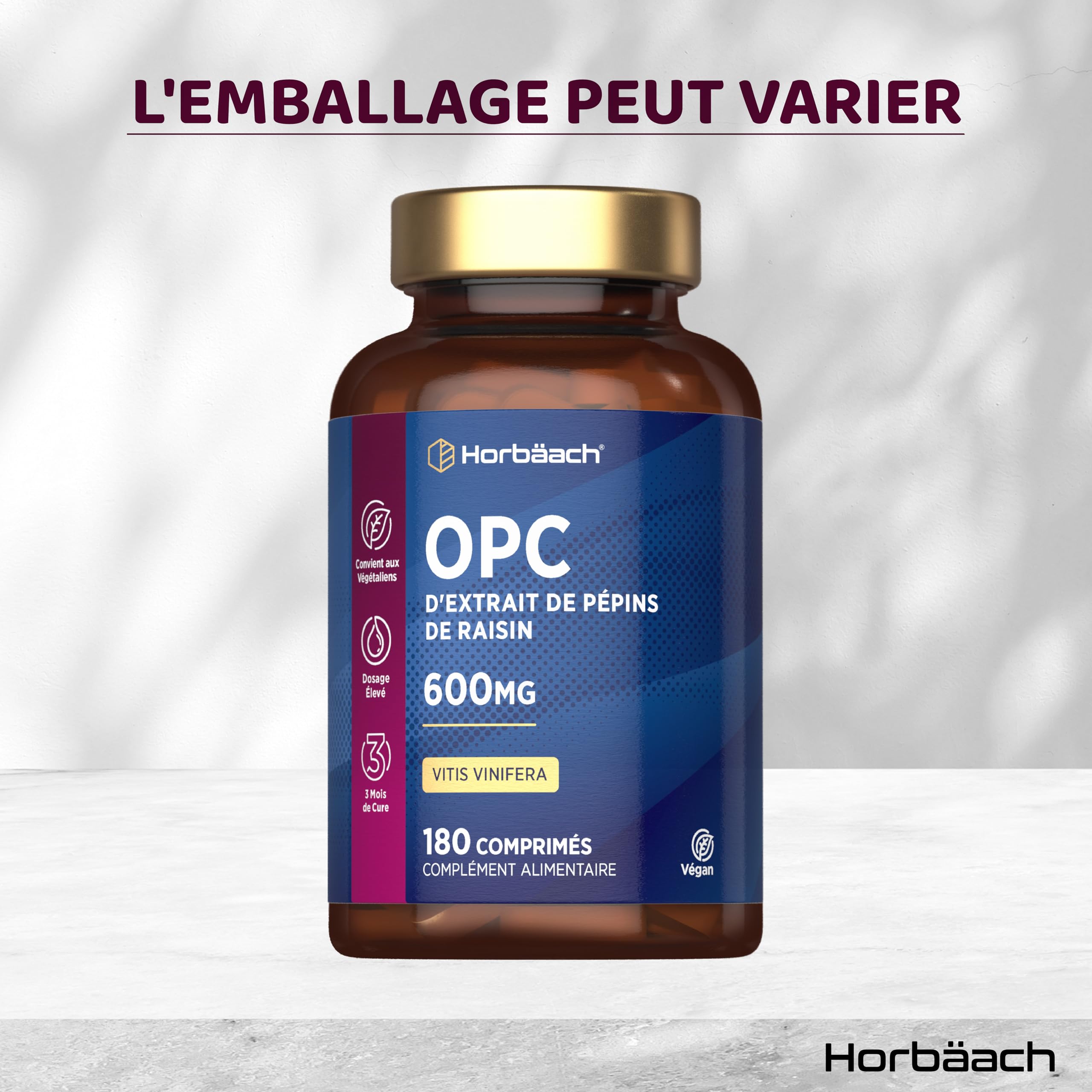 OPC Extrait de Pépins de Raisin | 180 Gélules Vegan | 95% OPC Raisin | Vitis Vinifera L. | Proanthocyanidines Oligomére Fortement Dosé | Grapeseed Extract | par Horbaach