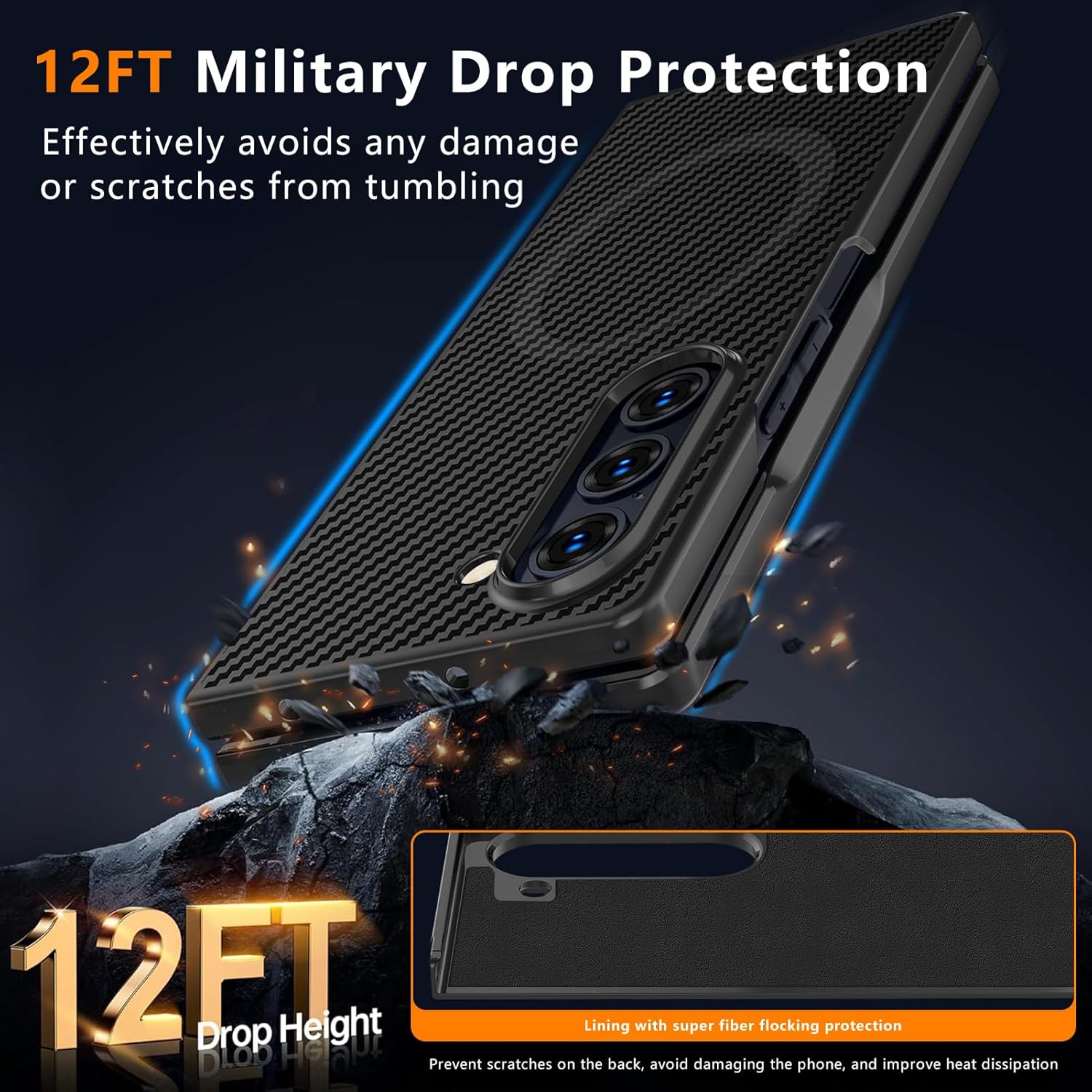 Magnetic for Samsung Galaxy Z Fold6 Case with Carbon Fiber Texture Design,Wireless Charging [PC] Military-Grade Shockproof case Cover for Z Fold 6[Black] MUS-TQCX-04-06