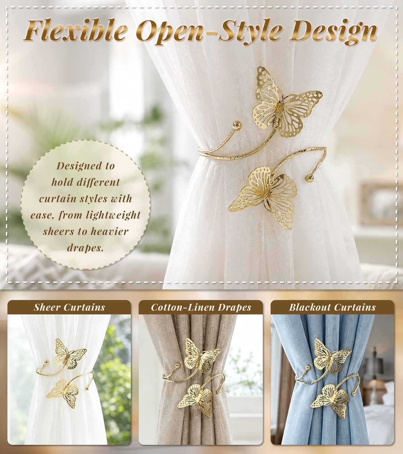 Metal Curtain Tiebacks with Butterfly Design, 4-Pack Decorative Holdbacks for Sheer & Light Curtains, Durable Window Curtain Accessories