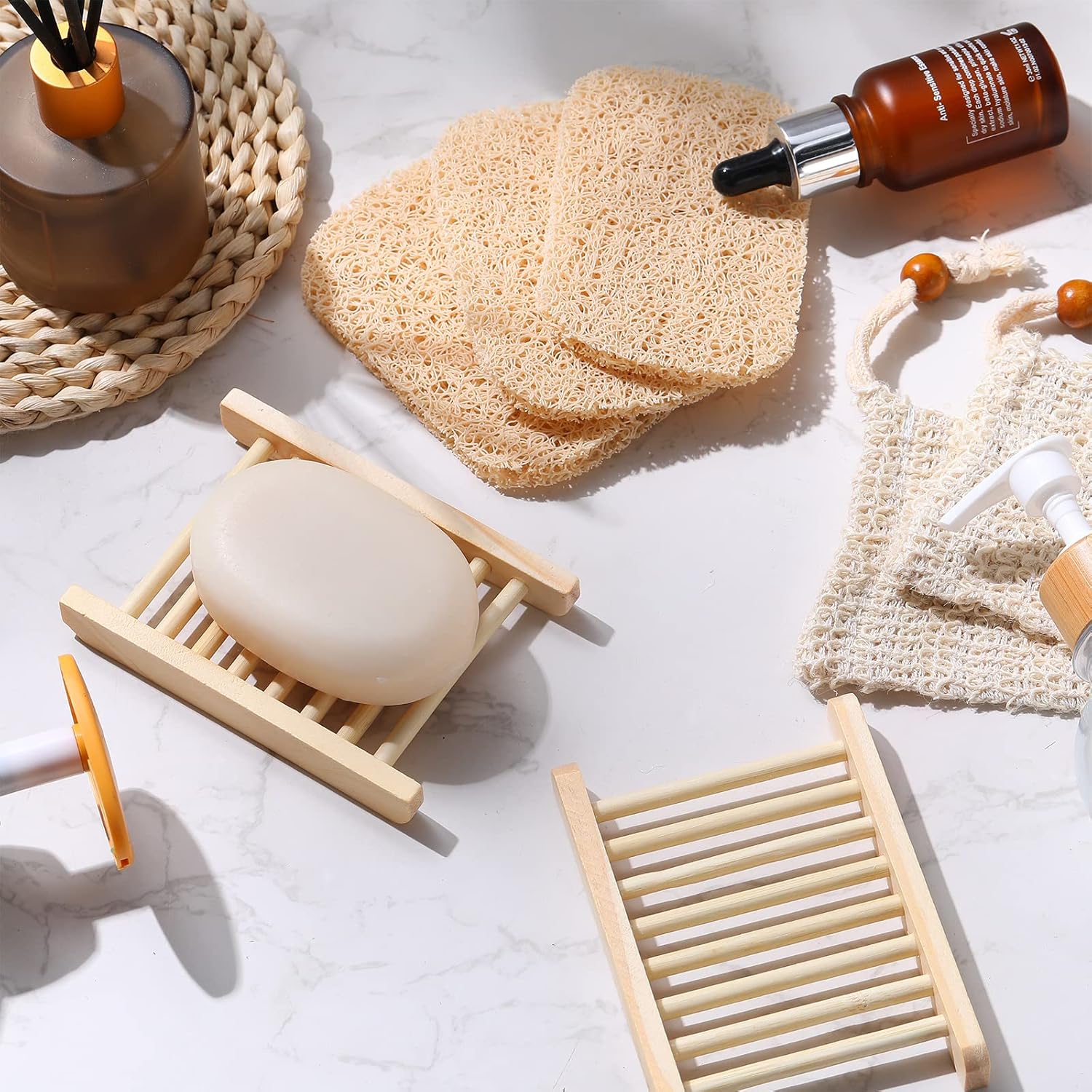 60 Pcs Soap Accessories Set Including 20 Pcs Wood Soap Holder Soap Dishes for Bar Soap Tray, 20 Pcs Soap Saver Bag Exfoliating Soap Pouch, 20 Pcs Self Draining Soap Saver Pads for Bathroom Men Bath