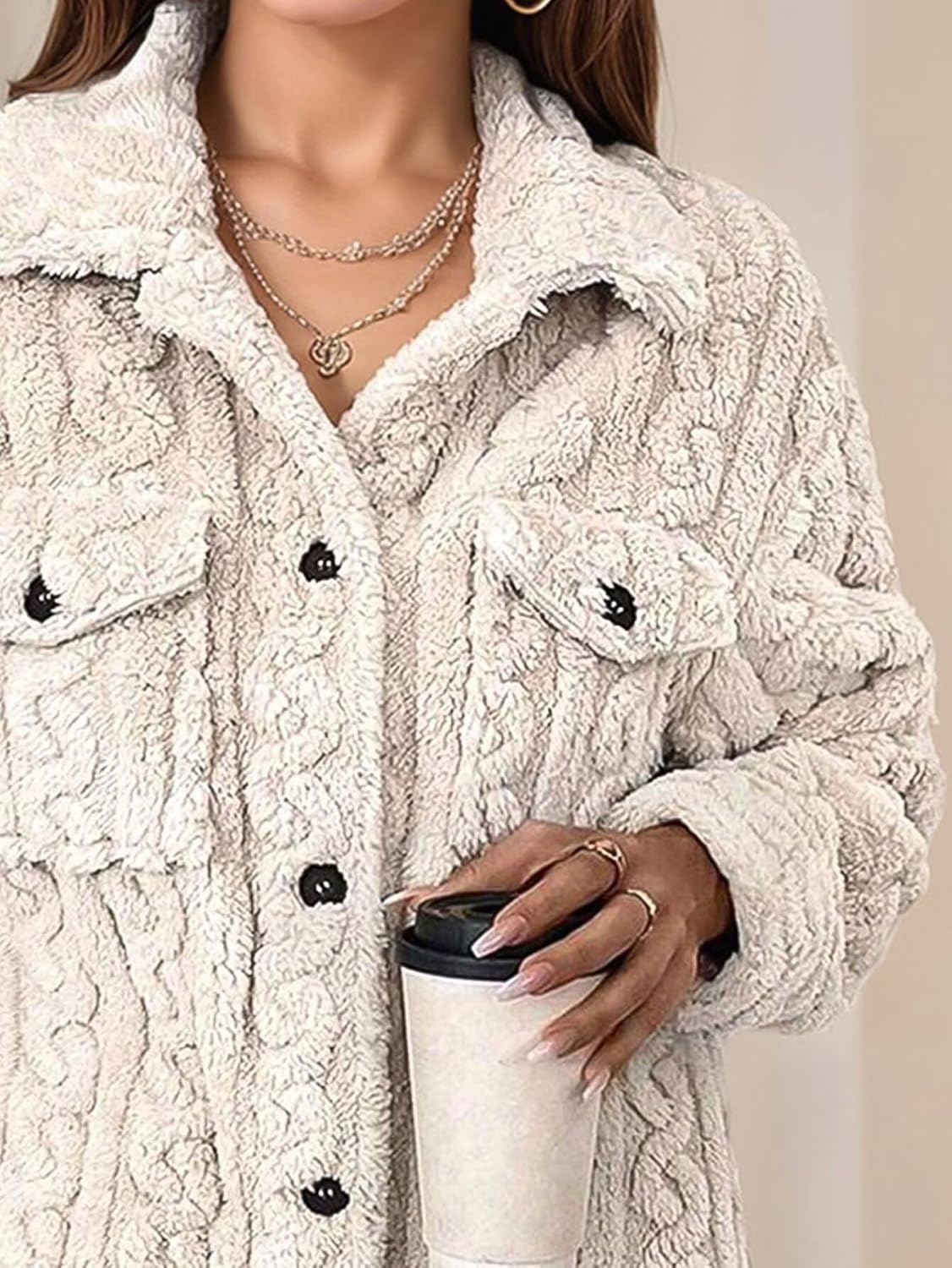 Flamingals Women's Long Sleeve Textured Fleece Jacket Button Up Solid Flap Pocket Comfy Long Jacket Coat Outerwear - Image 3