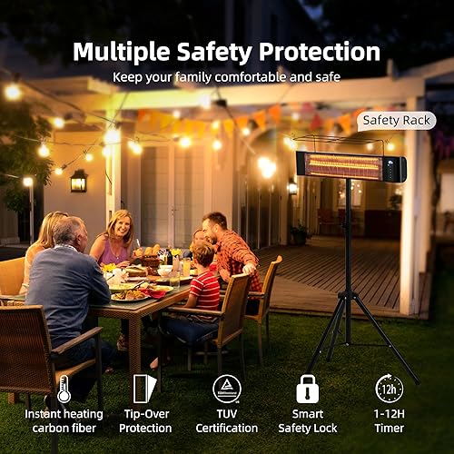 Miniatura 7 de Calentador infrarrojo para exteriores de 1500 W montado en la pared y calentador de pie con trípode IP65 impermeable y a prueba de polvo, 3 ajustes,