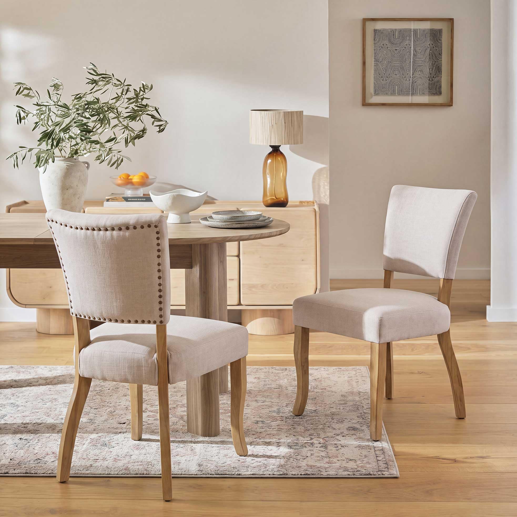 younturn Wooden Dining Chairs Set of 2, Linen Fabric Upholstered Dining Room Chairs with Solid Wood Legs, Open Curved Backrest, Thick Padded Seat and Nailhead Trim for Kitchen and Restaurant, Beige