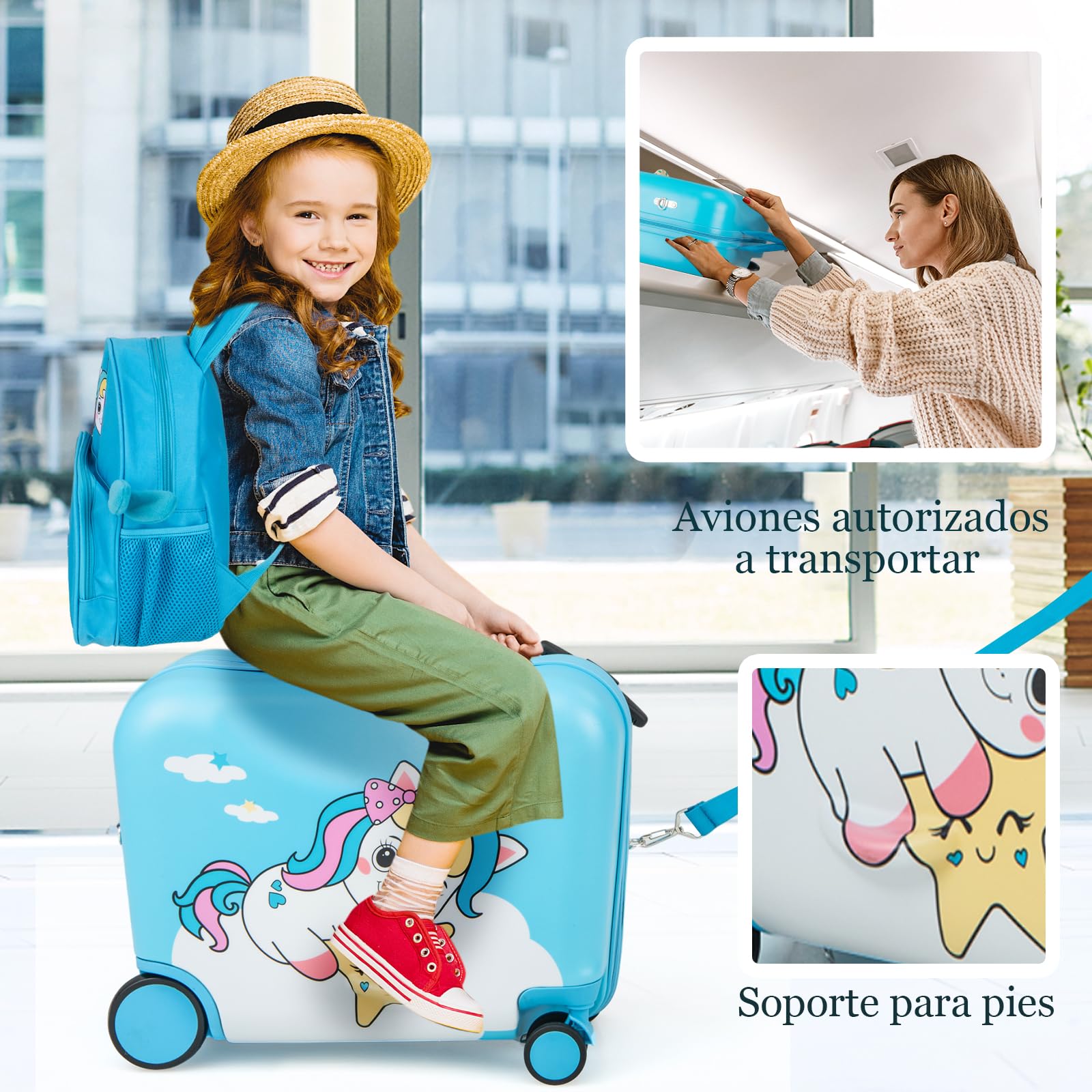 SOARS Juego de Maletas de Viaje Cabina para Niños, Trolley con Ruedas Correpasillo 40L, 18" Maleta con Ruedas + 12" Mochila Infantil con Asa y Correas Ajustables, Multifuncional (Unicornio Azul)