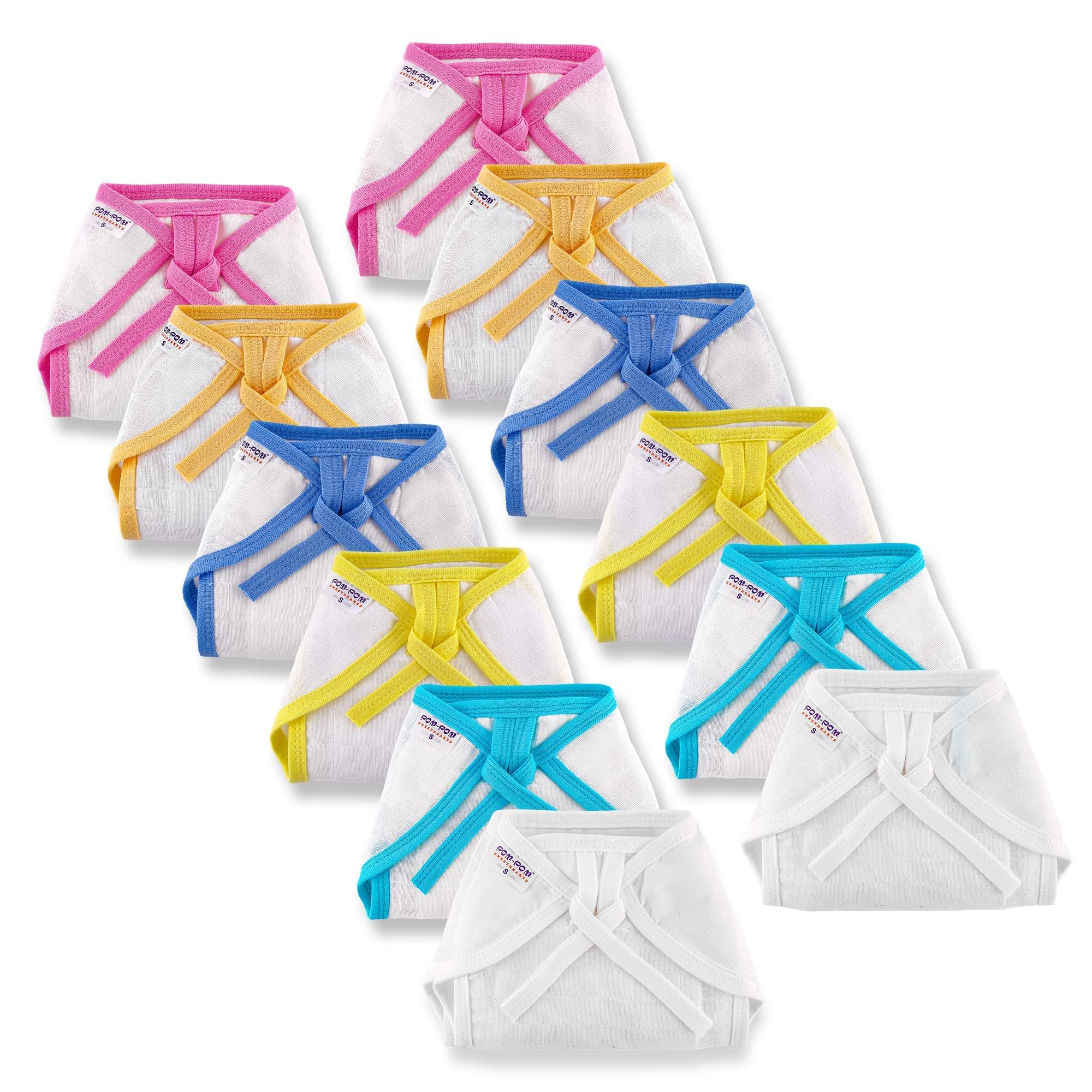 pom-pom sweet hearts Pom Pom Sweethearts Tie up Nappy For Babies, Reusable, Washable Soft Muslin Cotton Nappy/Langot for New Born Baby | Gentle on Baby Skin | Helps in Potty Training | 6-9 months | Pack of 12 | WCP-picture-17