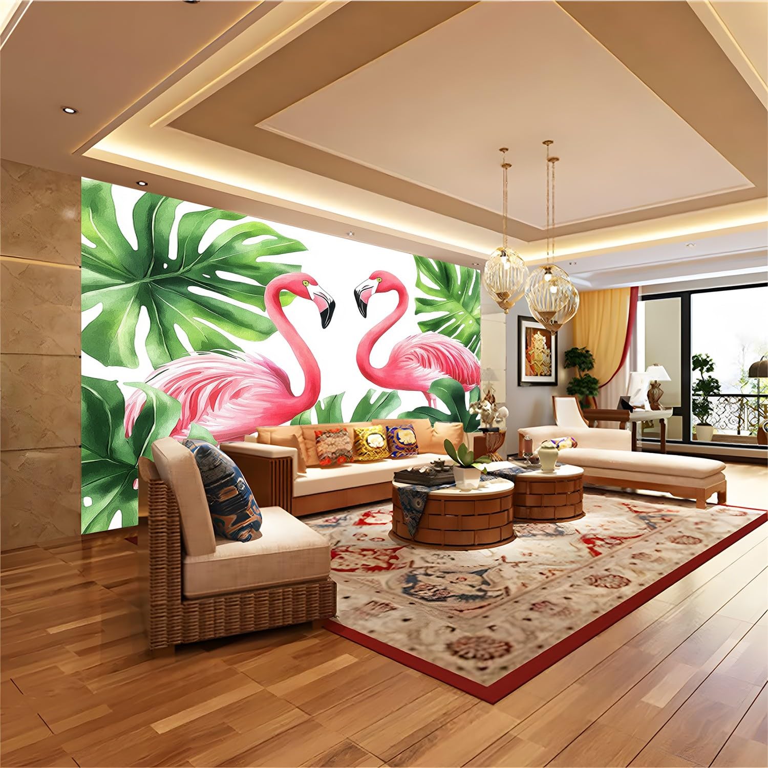 Fototapeta czerwona zielona fototapeta mural 300 x 210 cm różowe flamingi monstera liście palmowe sztuka zdjęcie mural dekoracja do salonu, sypialni, biura i pokoju dziecięcego, łatwy w instalacji