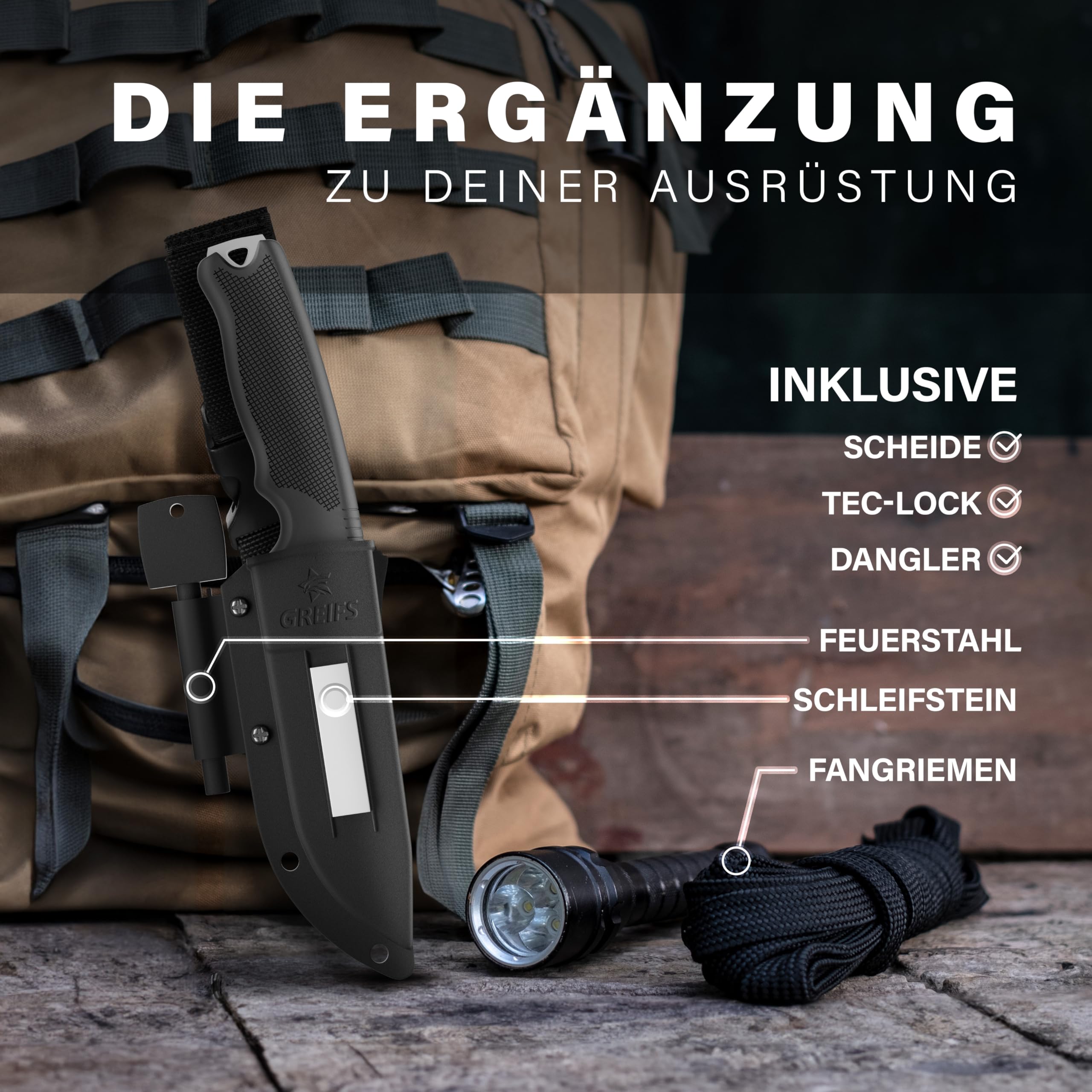 GREIFS® Outdoor-Messer G-Serie aus 440C Stahl mit Holster & Dangler, edles Survival Messer für die Bushcraft Ausrüstung, Jagdmesser, Schnitzmesser, Angelmesser (G7/Silber)