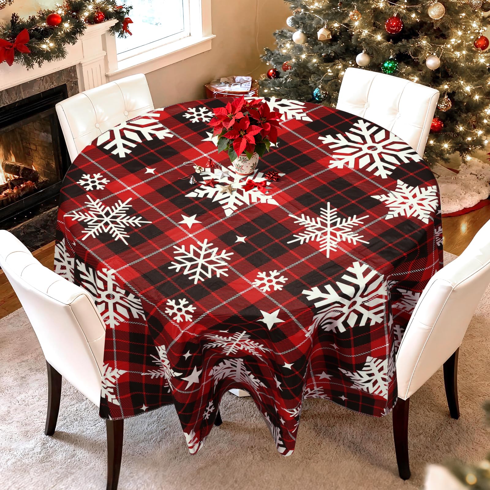 Arquiel Christmas Snowflake Round Tablecloth, Wipe Clean PVC Reusable Red and Black Checkered Tablecloth Waterproof Oil-Proof Table Cover for Home Kitchen Christmas Decoration, 152cm Diameter Round