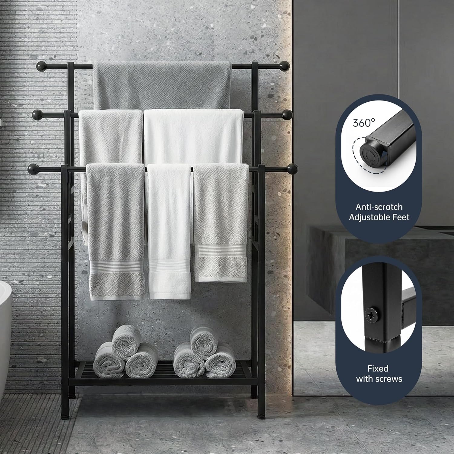 3 Tier Alloy Steel Towel Rack, 35" H Free Standing with Basket, Blanket Drying and Display for Oversized Bath Towels, Bathroom Accessories