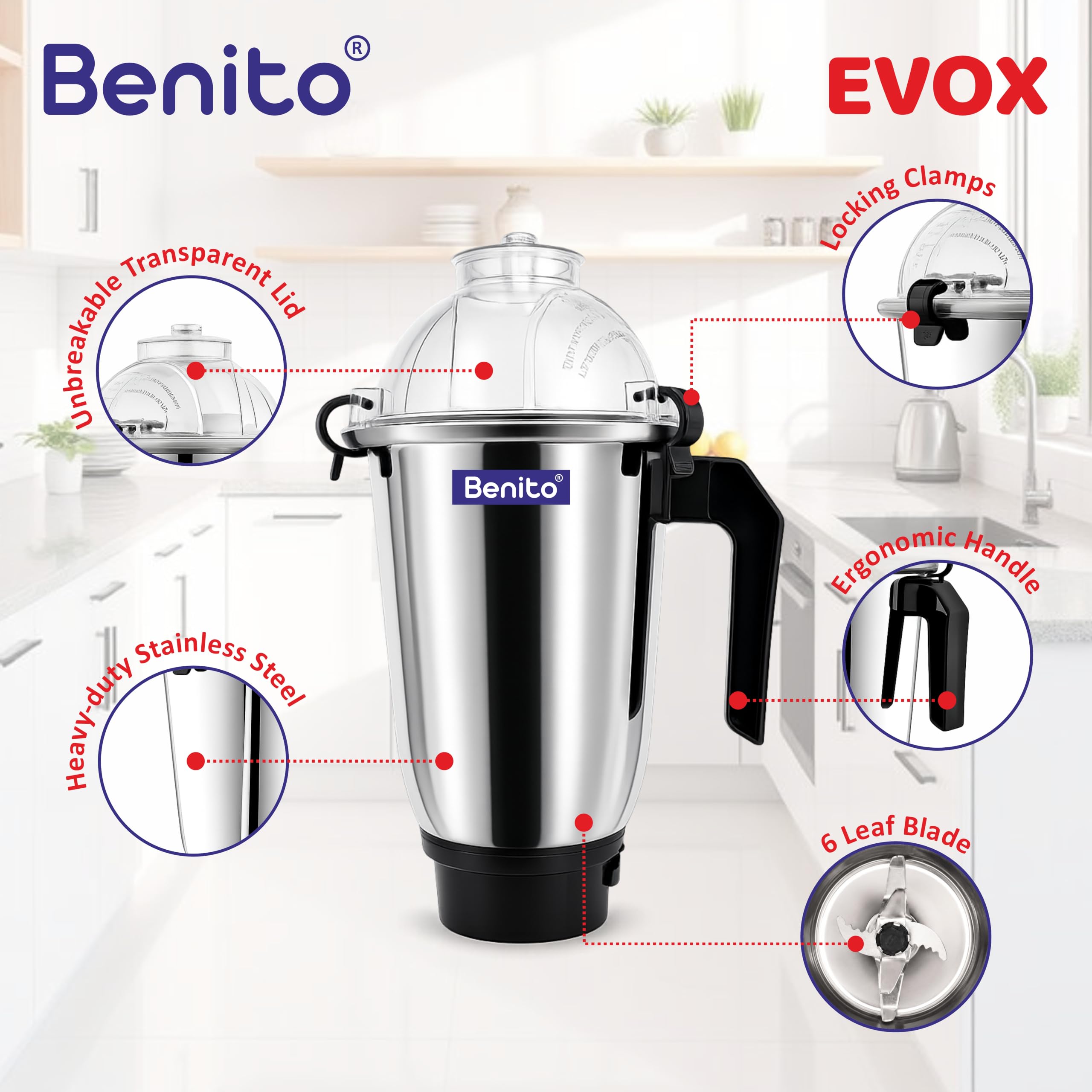 Benito Evox Stainless Steel Dry & Wet Jar (1500ml) for Mixer Grinder – Compatible with 4-Teeth Coupler & Dual Locking System — Amazon image 3