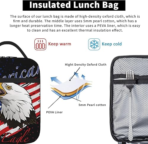 Miniatura 5 de SWEET TANG Caja de almuerzo con diseño de águila calva con la bandera de Estados Unidos, bolsa suave aislada, kit de bolsa térmica para comida