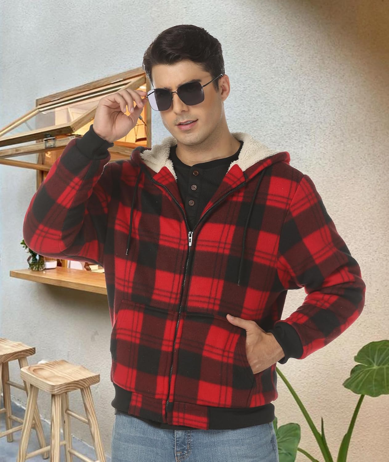 Mens Plaid Hoodies Winter Zip Up Fleece Jacket Sherpa Fleece Lined Warm Flannel Jacket Coat - Image 2