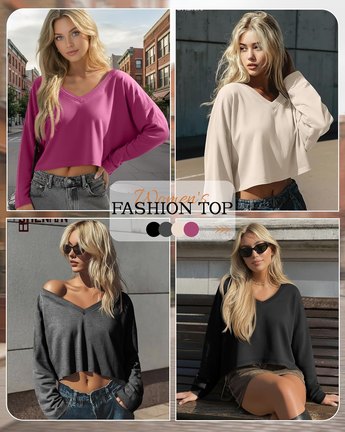 4 Pack Oversized Cropped T Shirts for Women V Neck Long Sleeve Crop Tops Loose Casual Basic Tees Irregular Hem - Image 2