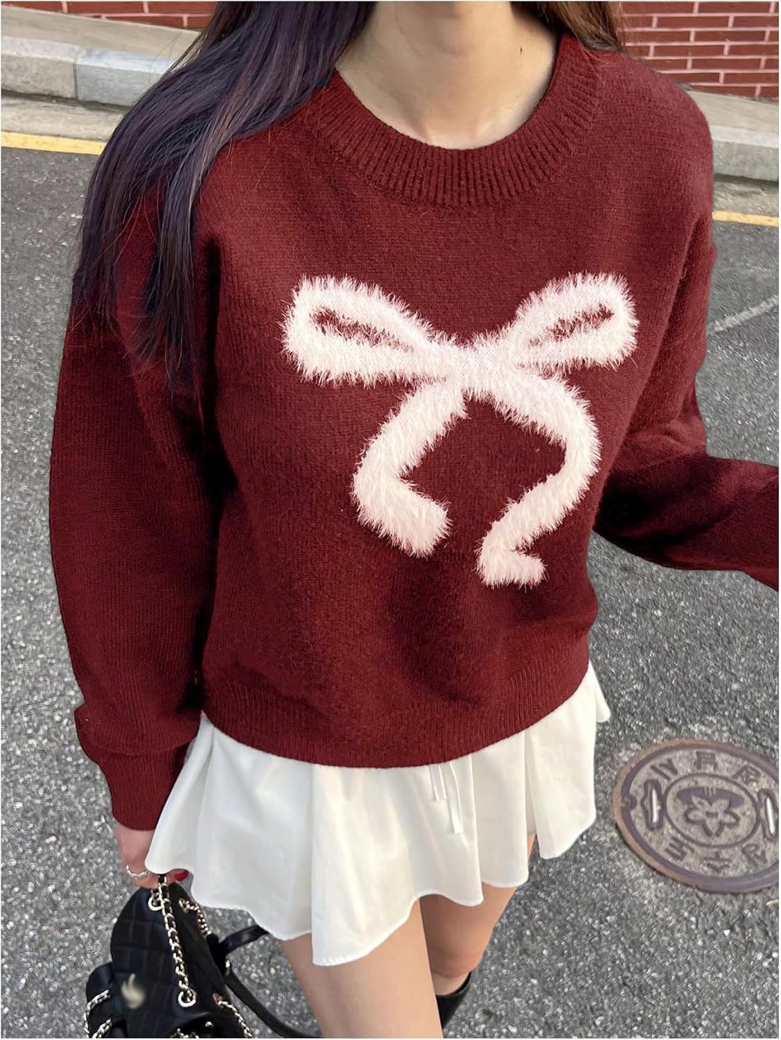 SHENHE Women's Bow Print Sweater Oversized Crew Neck Soft Dressy Holiday Sweater Pullover - Image 3