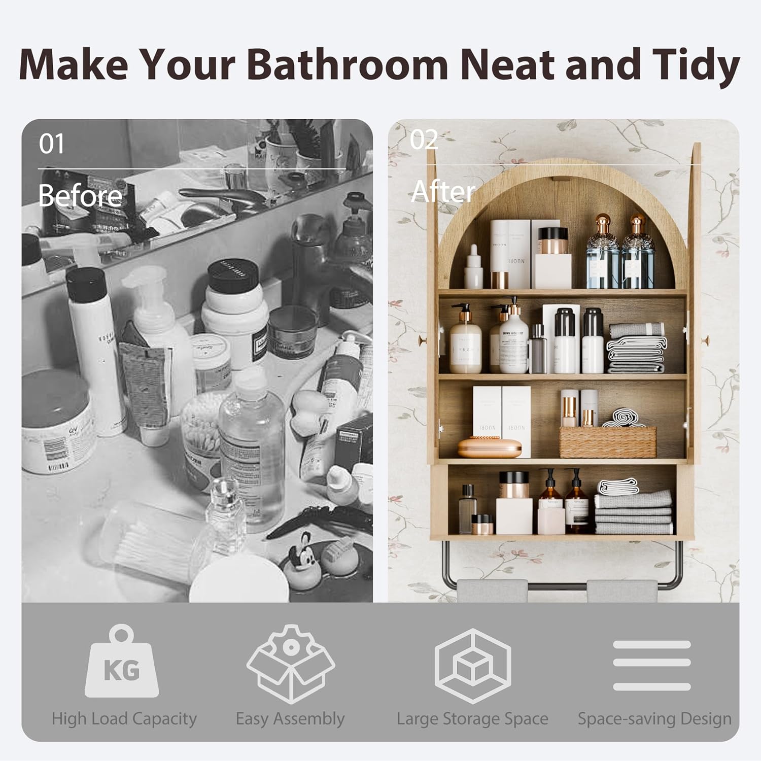 Bathroom Wall Cabinet, Modern Medicine Cabinet with with Adjustable Wood Shelf, Large Storage Cabinet for Bathroom, Livingroom, Kitchen, Nature