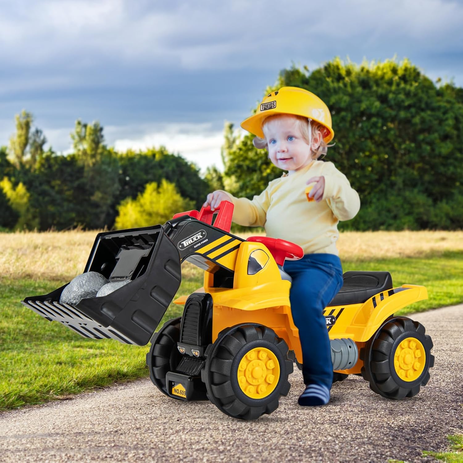 HONEY JOY Ride on Excavator, No Power Ride on Construction Vehicles for Kids, Helmet, 3 Toy Rocks, Adjustable Bucket, Horn, Ride On Loader, Bulldozer Ride on Toy, Gift for Boys Girls