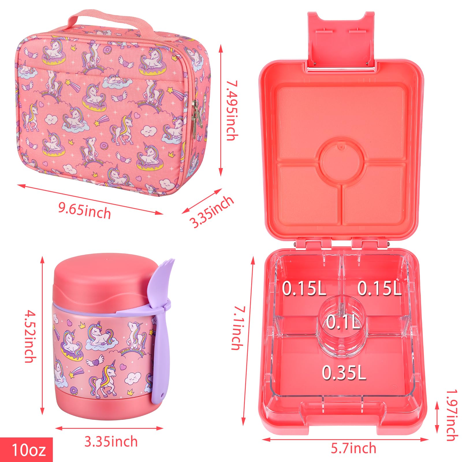 Bento zestaw pudełek na lunch dla dzieci, termos na zupę 295 ml, szczelne pojemniki na lunch z 4 przegródkami, termos dla dzieci, słoik na gorące jedzenie i izolowana torba na lunch dla dzieci do