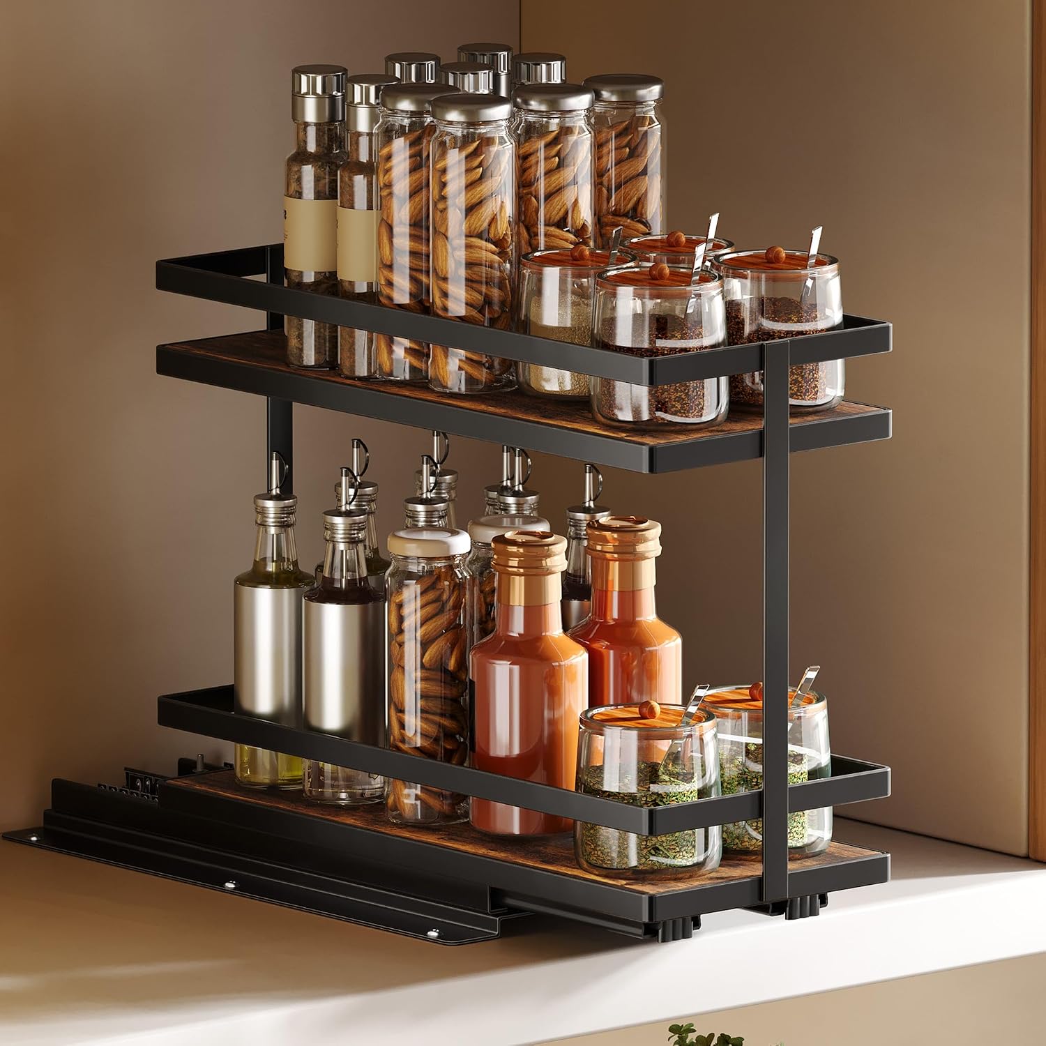 Pull Out Spice Rack 2-Tier Metal & Wood Seasoning Organizer