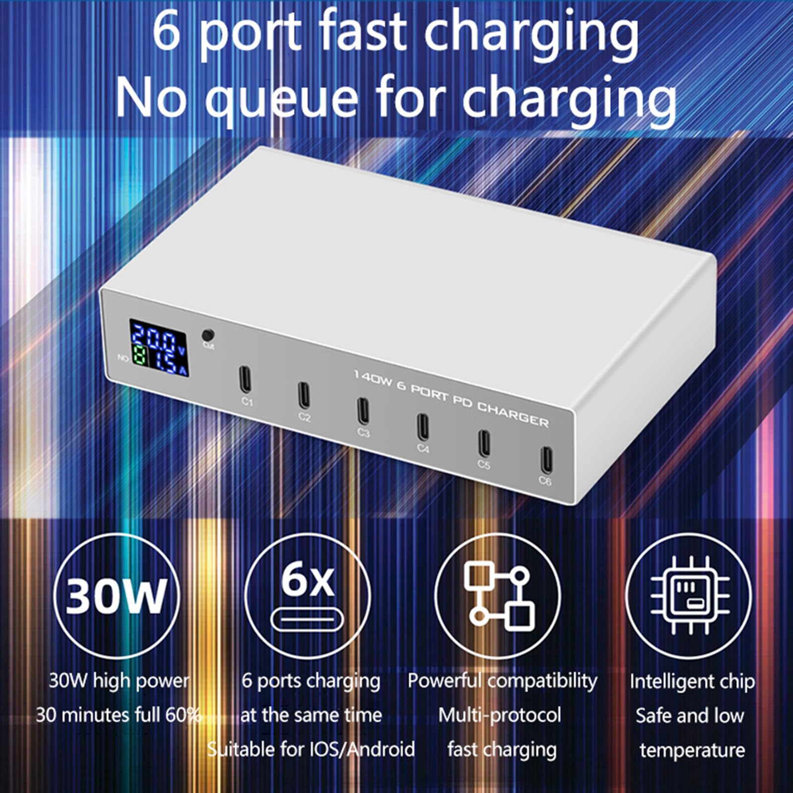 Caricabatterie PD a 6 Porte 140 W più Porte USB per Telefono, Notebook, Tablet, Adattatore per Caricabatterie per Telefono QC3.0 PD3.0, Stazione di Ricarica Rapida da 30 W