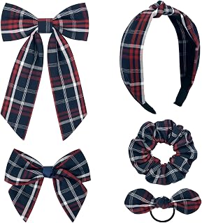 DEEKA 5 Styles Uniform Plaid Long Tail Hair Bows Knotted Headband Scrunchies Bow Set Alligator Clips Back to School Accessories for Toddler Little School Girls (Dark Navy&Red 5 Styles)
