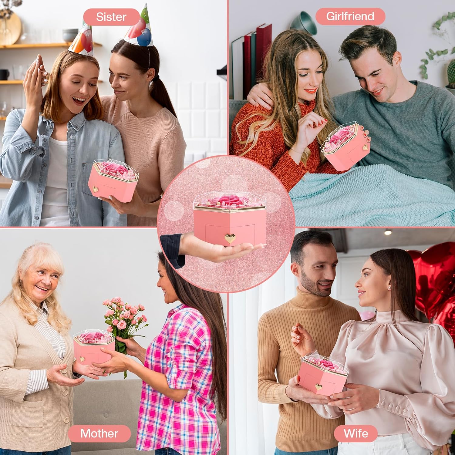 Preserved Pink Real Rose with Necklace Forever Flowers Diamond shaped Box for Mom Wife Girlfriend Grandma on Mothers Day Birthday Valentines Christmas Anniversary Beatiful Gifts for women - Image 7