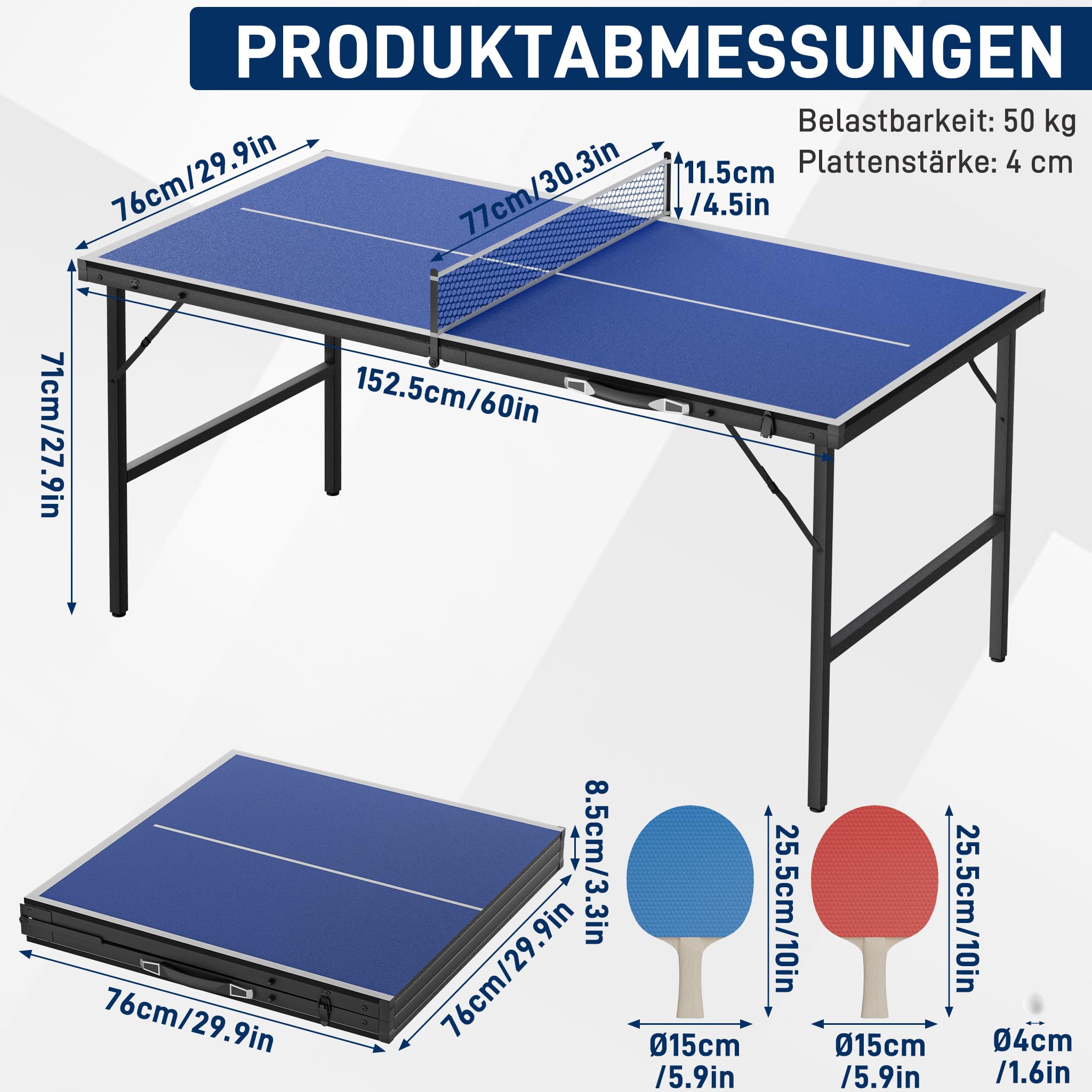 YRHome Tavolo da ping pong, 152,5 x 76 x 71 cm, pieghevole, design a valigetta, con set di 5 palline da ping pong e rete, per casa, ufficio e terrazza, blu/nero