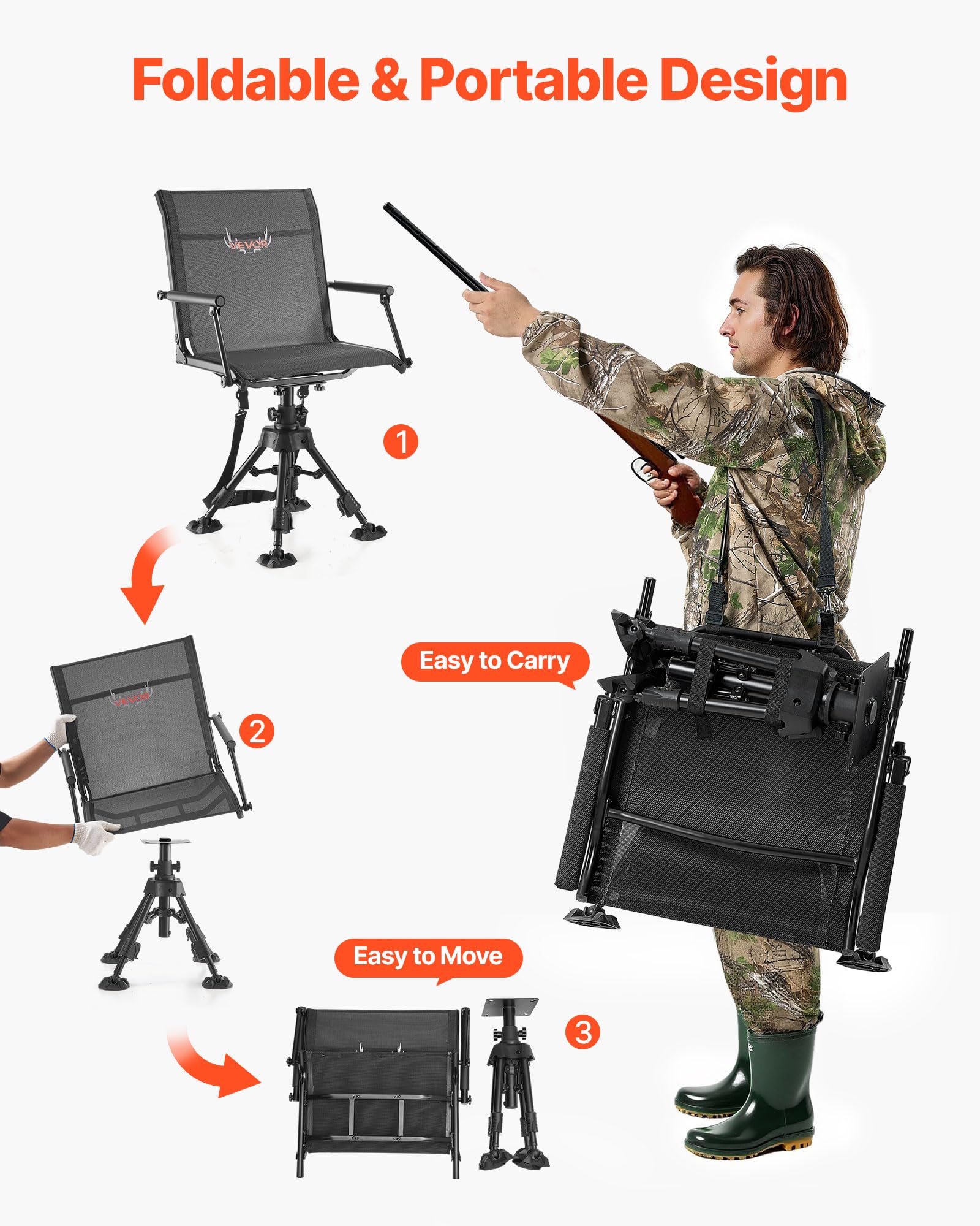 VEVOR Faltstuhl Campingstuhl Anglerstuhl mit Armlehnen Stahlrahmen Verstellbarer Beine Klappstuhl 158 kg belastbar 360° geräuschlos drehbar