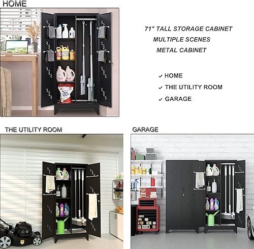 Miniatura 5 de Gabinete de almacenamiento de metal para garaje, almacenamiento con puertas y estantes, gabinete de garaje de 71 pulgadas de alto, oficina en casa