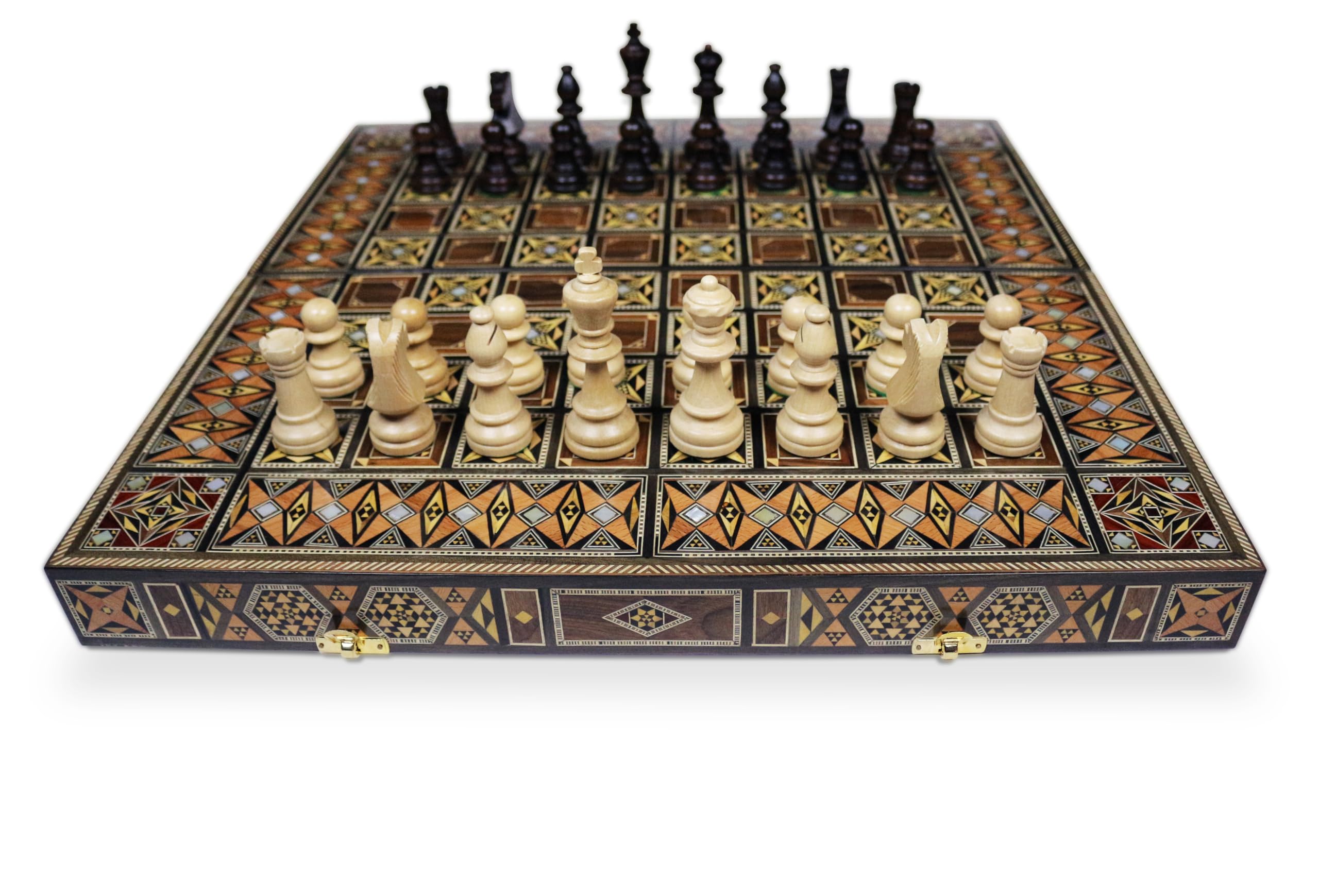 Nuovo 50 x 50 cm in legno Backgammon Tavla/Gioco di scacchi/DAMA,Tavla,Original intarsien Artigianato fatto a mano, Brett BK 50 con 30 pietre di backgammon in legno e con personaggi di scacchi da 97