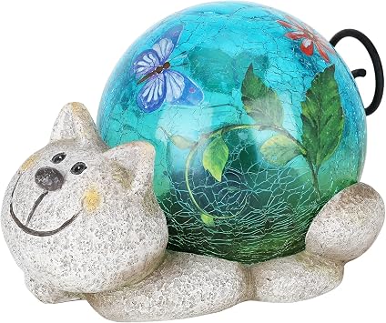 Solar Garden Statue Outdoor, Resin Cat Figurine with Crackled Glass Globe