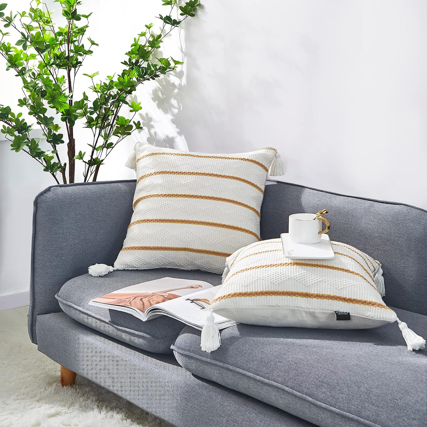 Boho Pillow Shams White Tassel Pillowcase Macrame Set of 2,20x20 Inch Modern Stripe Geometric Farmhouse Decorative Pillowcases for Home Decor Square Cushion Pillow Cover