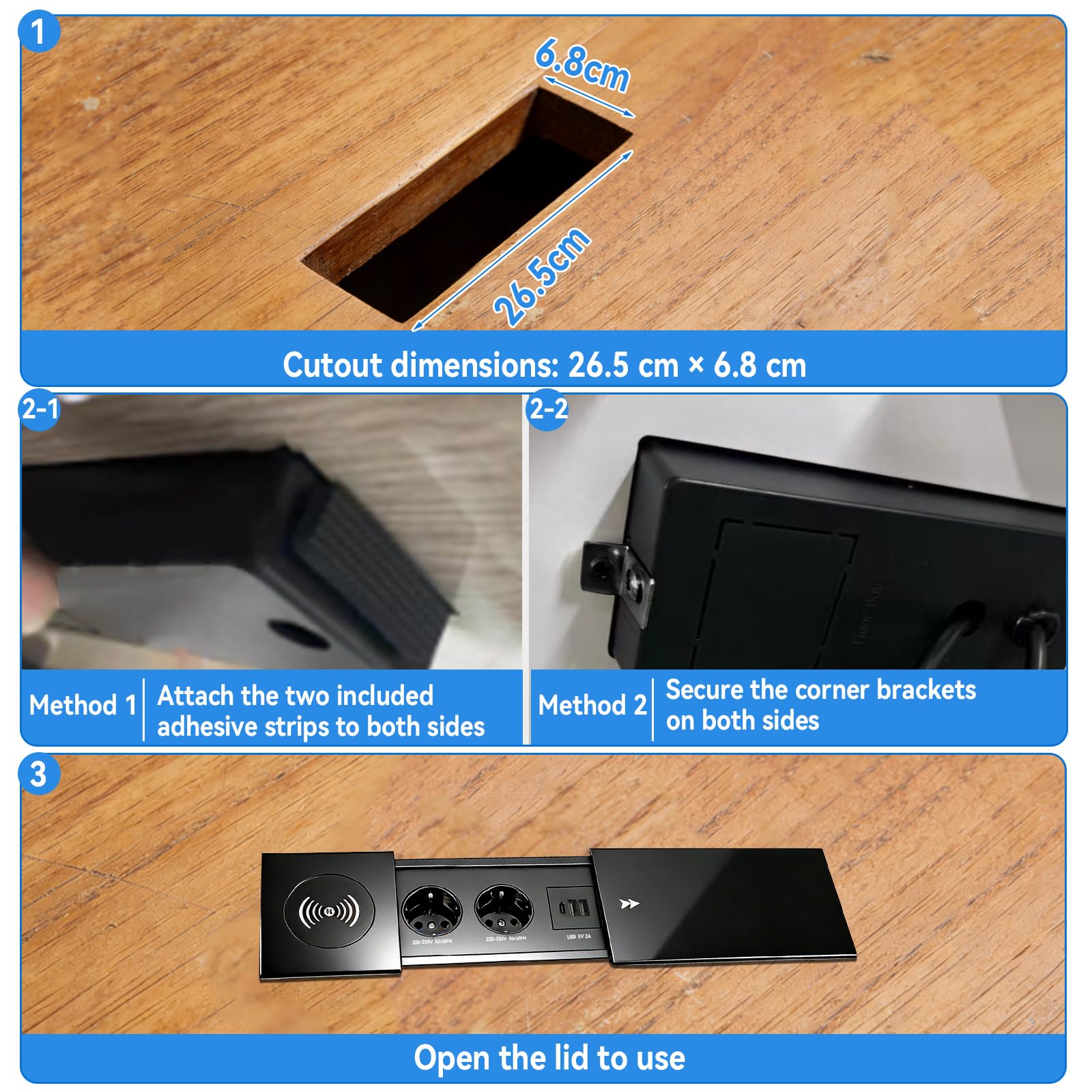 Einbau Steckdosenleiste, 2 Fach Versenkbare Einbausteckdose mit 15W Kabelloses Ladegerät und USB-C, Steckdose Versenkbar mit Schiebedeckel für Schreibtisch Sofatisch Konferenztisch
