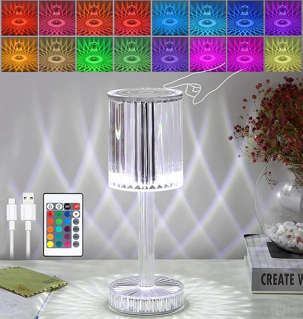 SanerCraft Upgarded Gatsby Crystal Table Lamp, 16 Colors Type-C USB Charging Touch Control Desk Lamp with Remote Control, Acrylic LED Bedside Diamond Lamp for Living Room/Bedroom/Bar