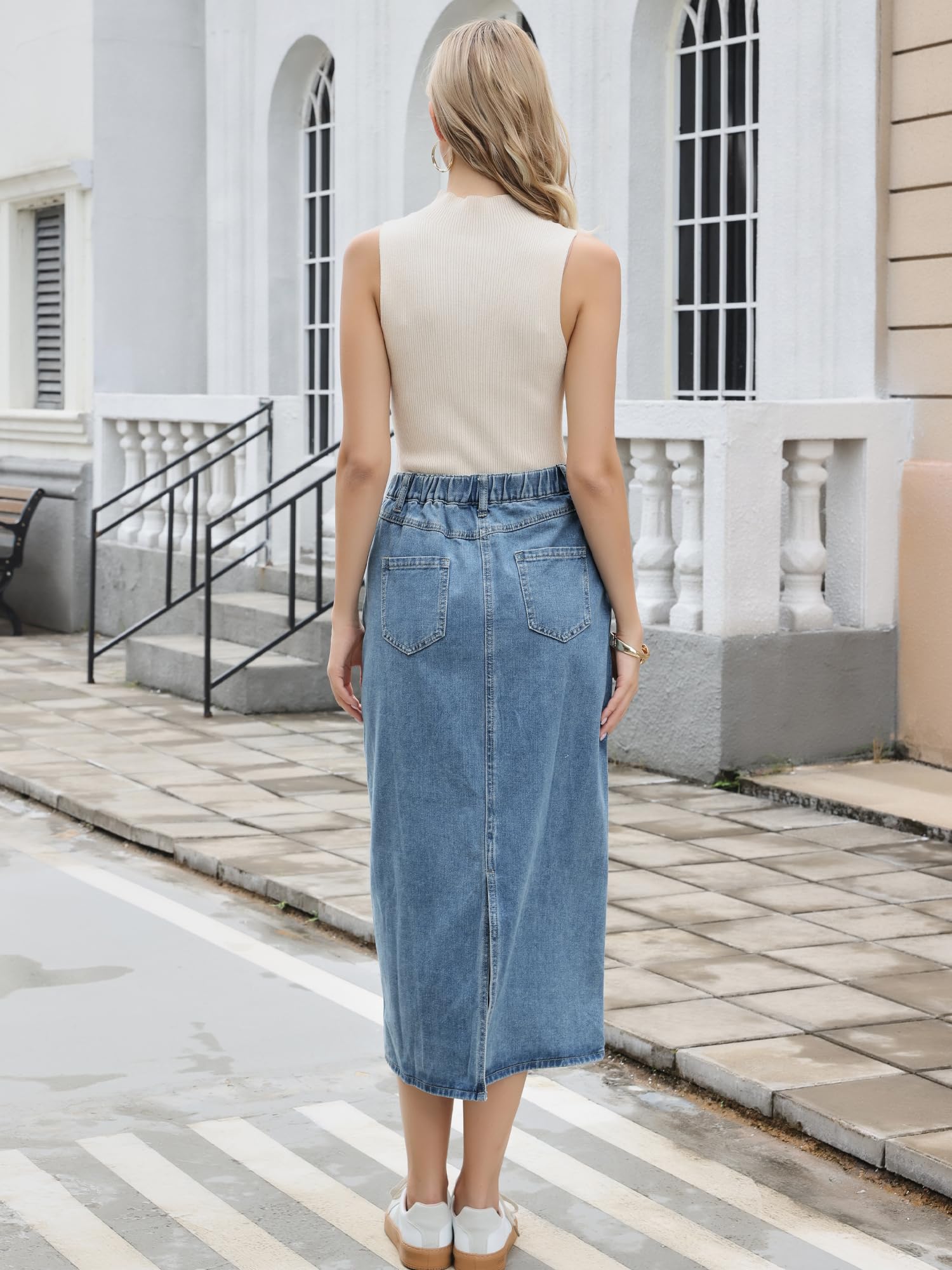 Allegra K Femme Jupe Longue en Jean Fendue Dos Taille Haute Coton Polyester | Fente Dos Longueur Maxi Taille Haute Ceinture Souple Coupe H Ligne Tenue Cowboy de L'ouest