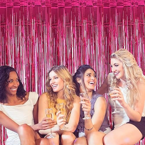 Miniatura 8 de Paquete de 2 telones de fondo de oropel con flecos rosados de 3 x 9.8 pies para fiesta de cumpleaños, cortinas de flecos de papel de aluminio para