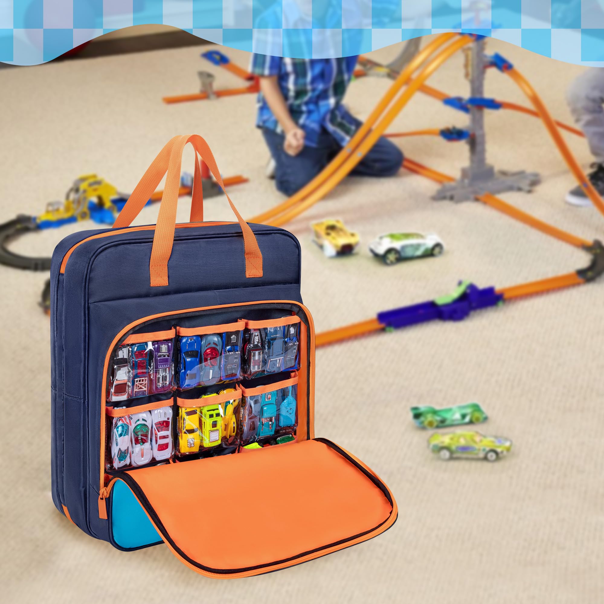 CURMIO Custodia da Trasporto per Auto Giocattolo Compatibile con Hot Wheels Fino a 99 Pezzi, Organizzatrice per Macchinine Giocattolo in Scala 1:64, Auto Matchbox, Piccole Poupée (Solo Borsa)