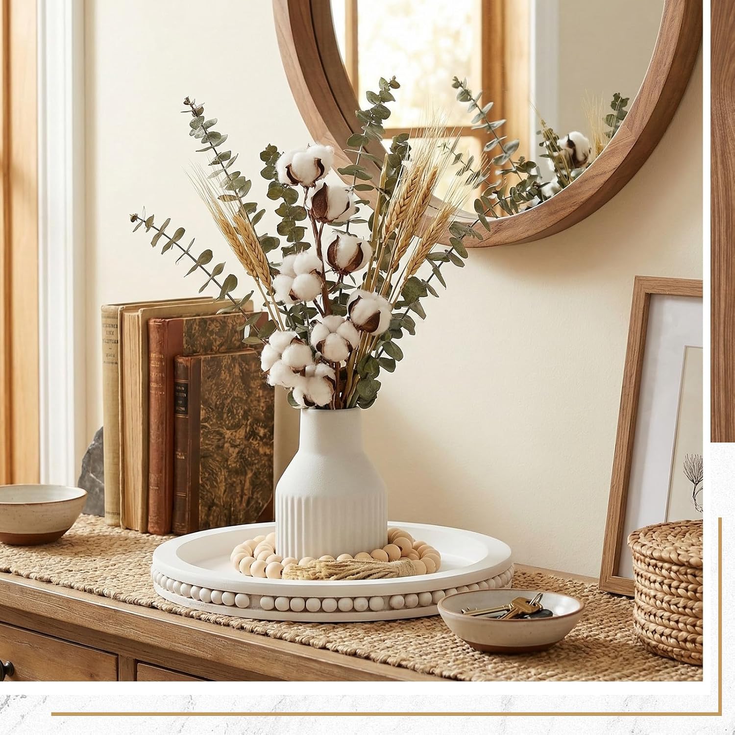 3 Pieces Rustic Country Style Tabletop Centerpieces, Bohemian Style Ceramic Vase with Wooden Tray, Wooden Bead Garland, Tassel Table Stand for Home Decoration