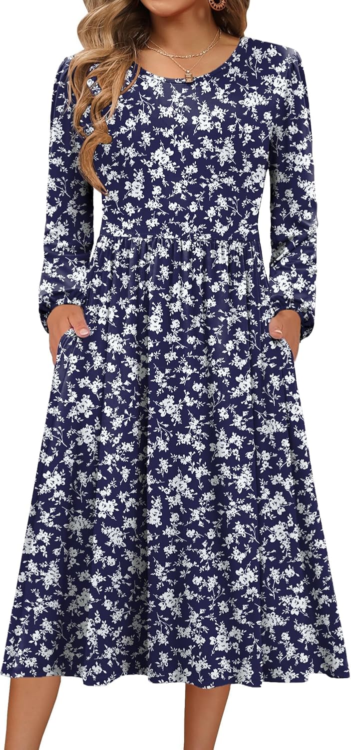 Zeagoo Long Sleeve Dresses for Women 2025 Fall Winter Casual Flowy A-Line Boho Midi Party Long Dress with Pockets