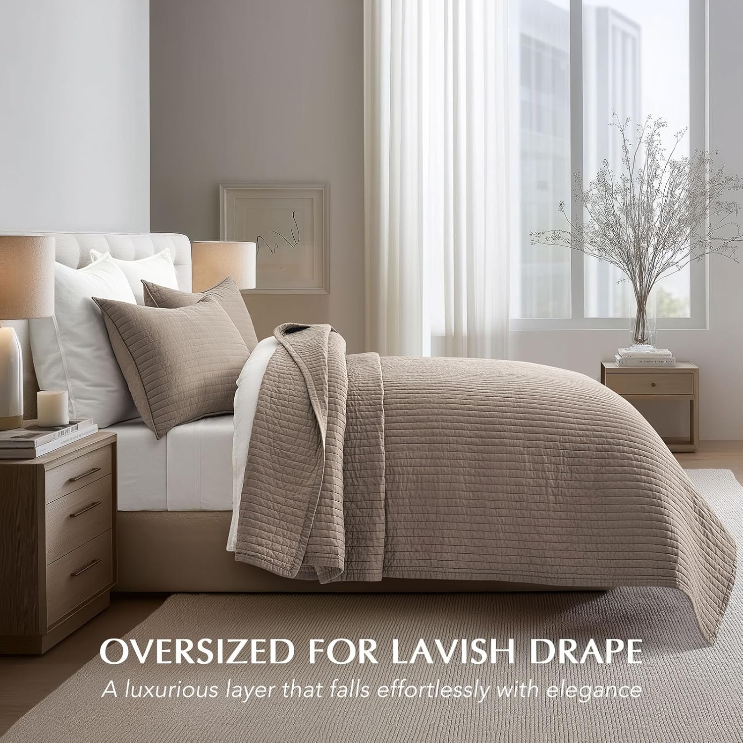 EVERGRACEHOME Cotton Sateen Quilt Set Queen Size, Pre-Washed Cotton Channel Stitch Coverlet Bedspread, 3 Pieces Lightweight Soft Bedding Sets for All Season, with 2 Pillow Shams, Stone Taupe - Image 2