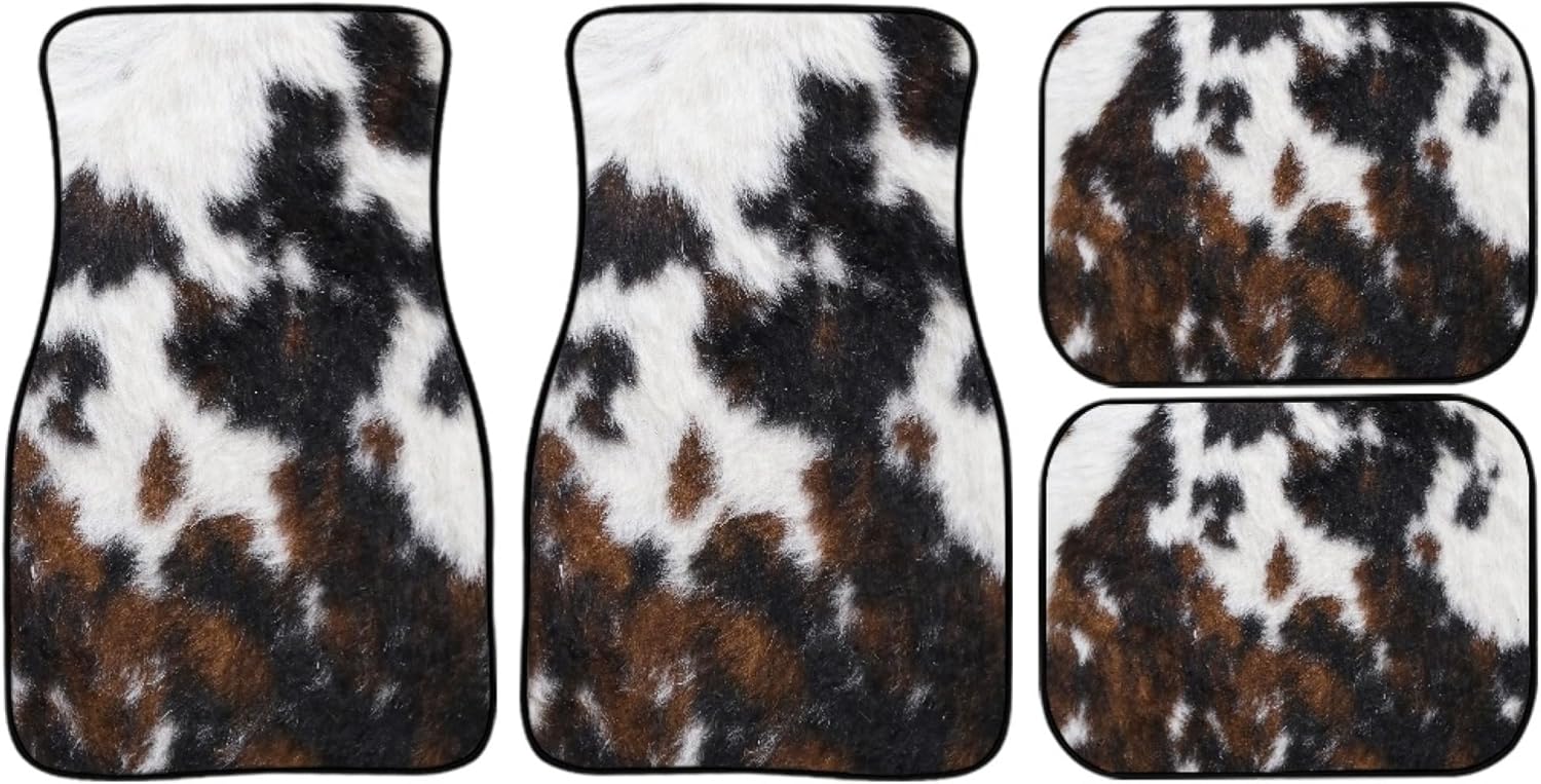 Cow Print Car Mats Set of 4 Abstract White Brown Black Cowhide Fur Cute Farmhouse Animal Skin Print Floor Mats for Cars Non Slip Front Rear Vehicle Rugs Universal Auto Accessories for Trucks - Image 6