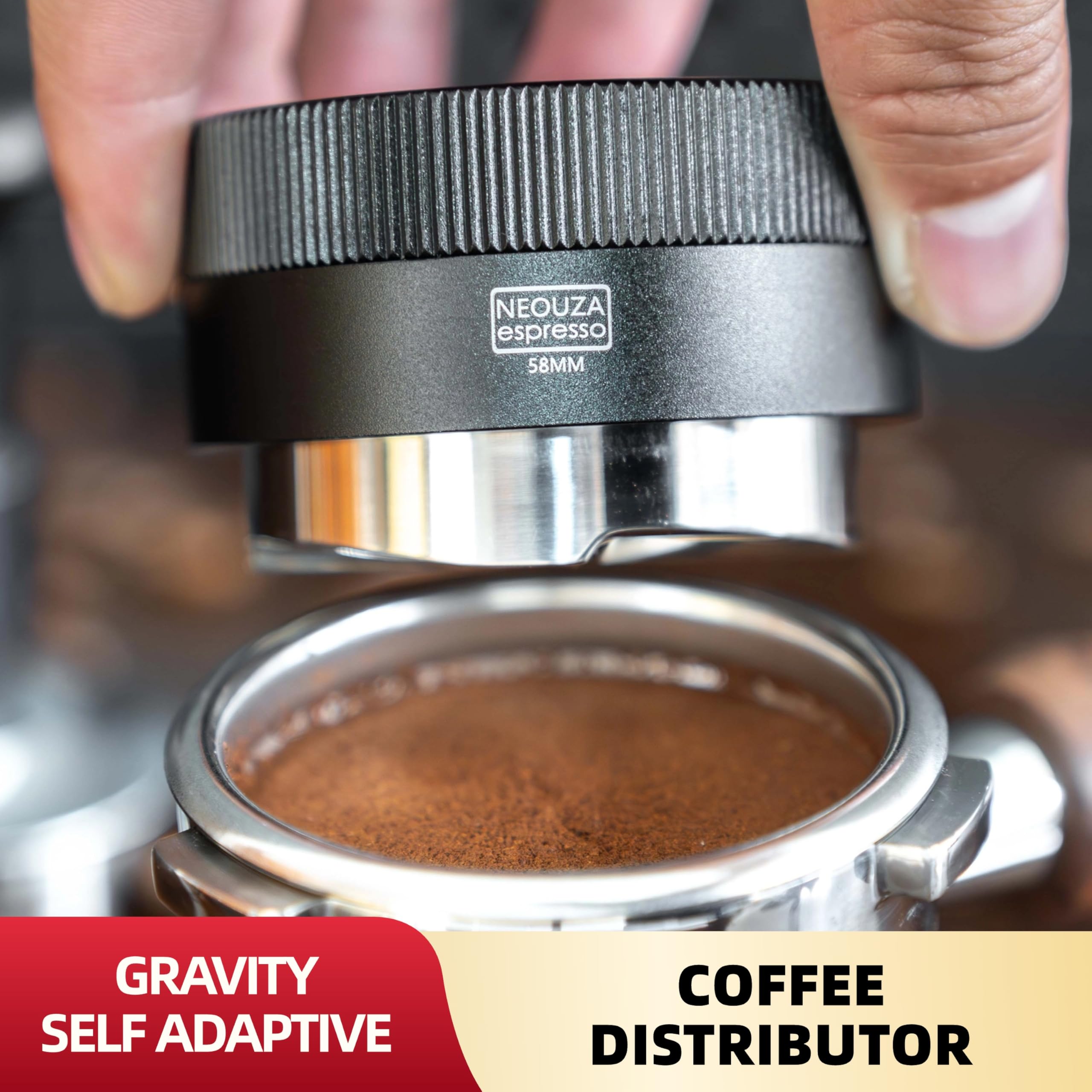 NEOUZA Grawitacyjny Adaptacyjny Dystrybutor do Kawy dla Portafiltra do Espresso, Narzędzie do Dystrybucji Grawitacyjnej, Automatyczny Dystrybutor Poziomujący, Poziomnica z Podstawą w Kształcie 4