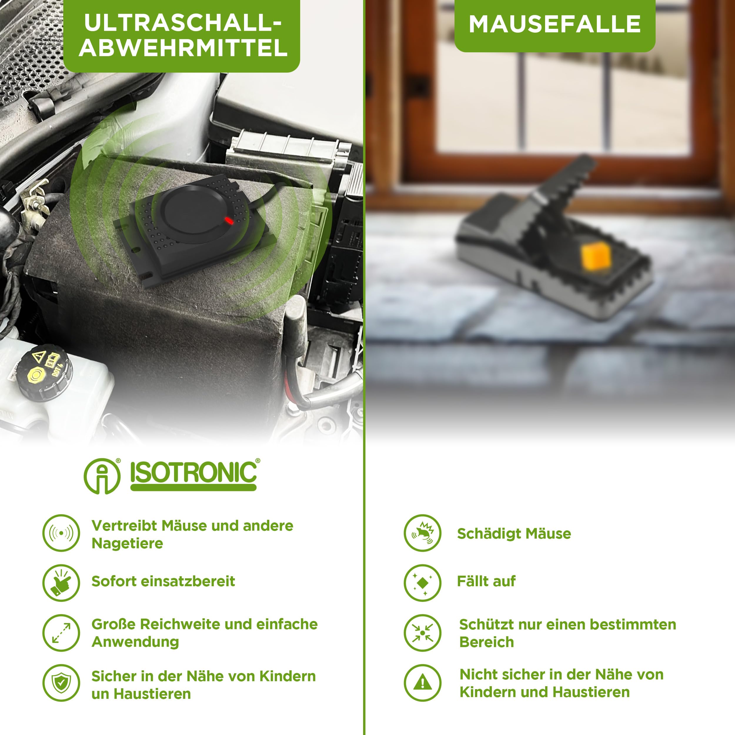ISOTRONIC Ultraschall Marderschreck Auto – Marderabwehr zum Anschluss an 12V Autobatterien – Marderschutz CAN-Bus geeignet – Anti Marder Abwehr mit 40m² Wirkungsbereich (2 Stück)