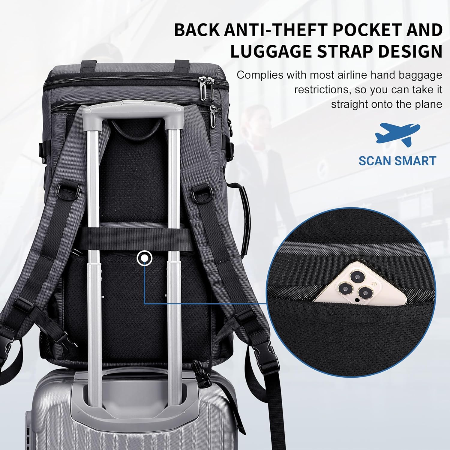 WITZMAN Travel Backpack for Men Large 3 in 1 Convertible Airline Approved Carry-on Luggage Backpack(B715 Silvery Grey)
