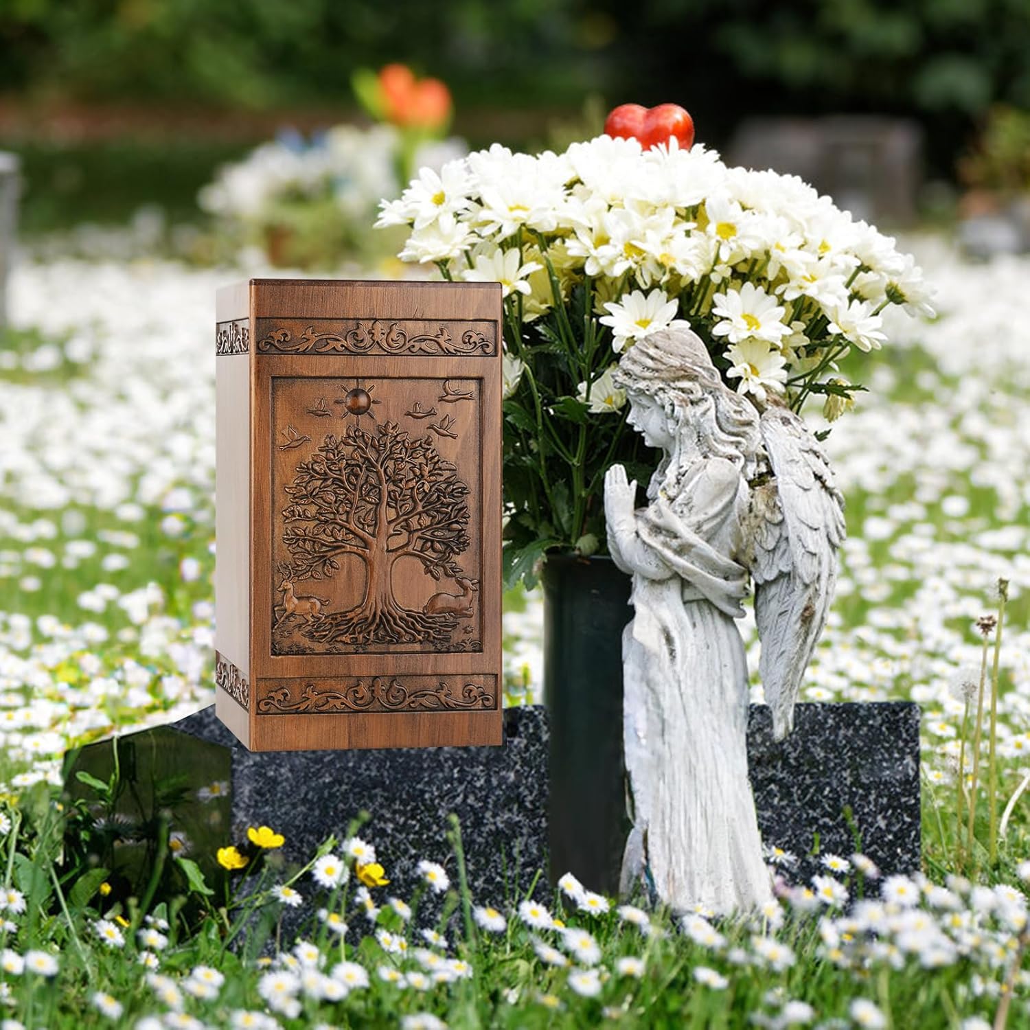 Urn for Ashes for Women, Wooden Urns for Human Ashes Adult Female Male, with Box, Stones, Dried Flowers Card, Hand-Carved Memorial Cremation Urns for Adults, Holds 250 Cubic Inches - Image 7