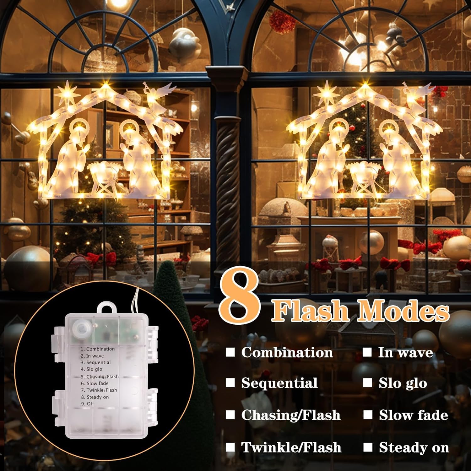 GlobaLink Luces Nacimientos de Navidad con 50LEDS, 8 Modos Impermeables iP44 Función de Memoria Nacimientos Navidad Decorativas para Interior y Exterior, Ventana, Pared, Escaparate, Blanco Cálido