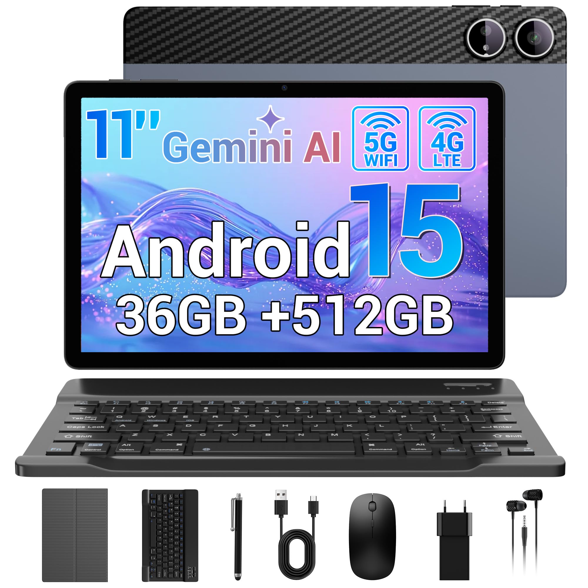 Tablette 11 Pouces, 36 Go RAM 512 Go ROM/1To TF, 4G LTE Double SIM + 5G WiFi, Octo-Core 2.0GHz, Gemini AI/9580mAh/GPS/13MP/GSM/OTG, Android 15 Tablette avec Clavier/Souris/Stylet/Housse/Écouteurs