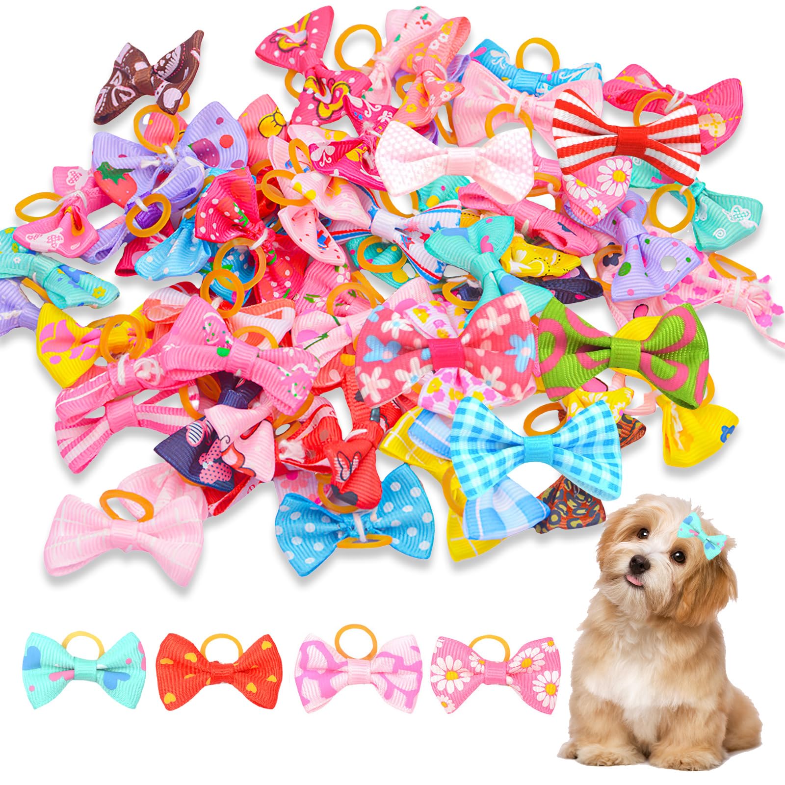 CYMYGS 50PCS Dog Hair Bows, Puppy Dog Hair Bows with bulk with Elastic Rubber Bands, Topknot Bow Attachments for Dogs and Cat Grooming, Long hair Puppy Cat, Colors Randomly