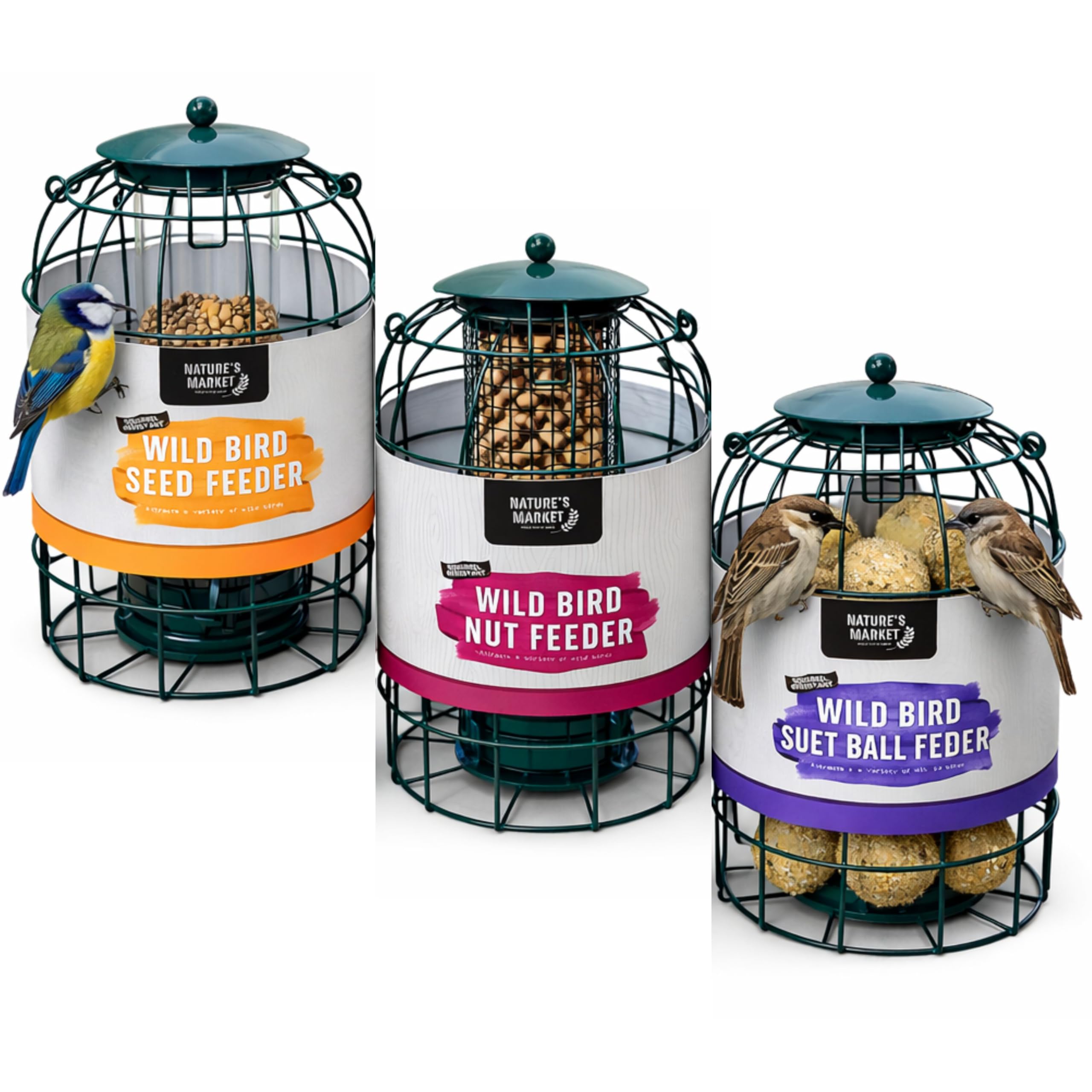 3x Bird Feeders Hanging Station - Squirrel Proof Bird Feeders Hanging for Seed, Nuts & Suet Balls with Strong Galvanised Metal Cage to Deter Squirrels & Large Birds